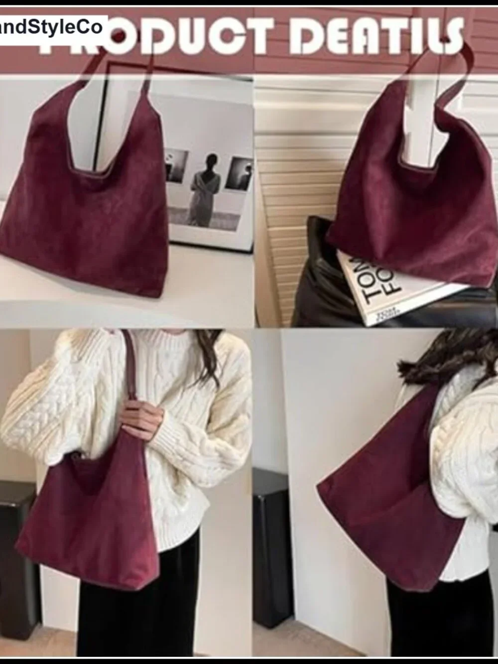 Suede Slouchy Hobo Bag Women Shoulder Tote Tablet Work